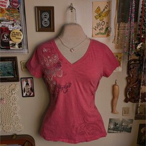 Y2K Grunge Butterfly V-Neck Graphic T-Shirt Women's Small/Medium Hot Pink